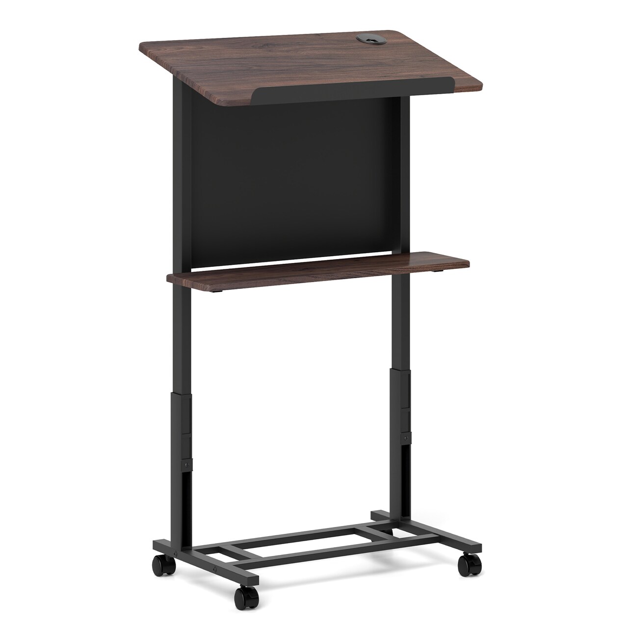 Walnut Black Adjustable Mobile Podium Stand with Storage Shelf